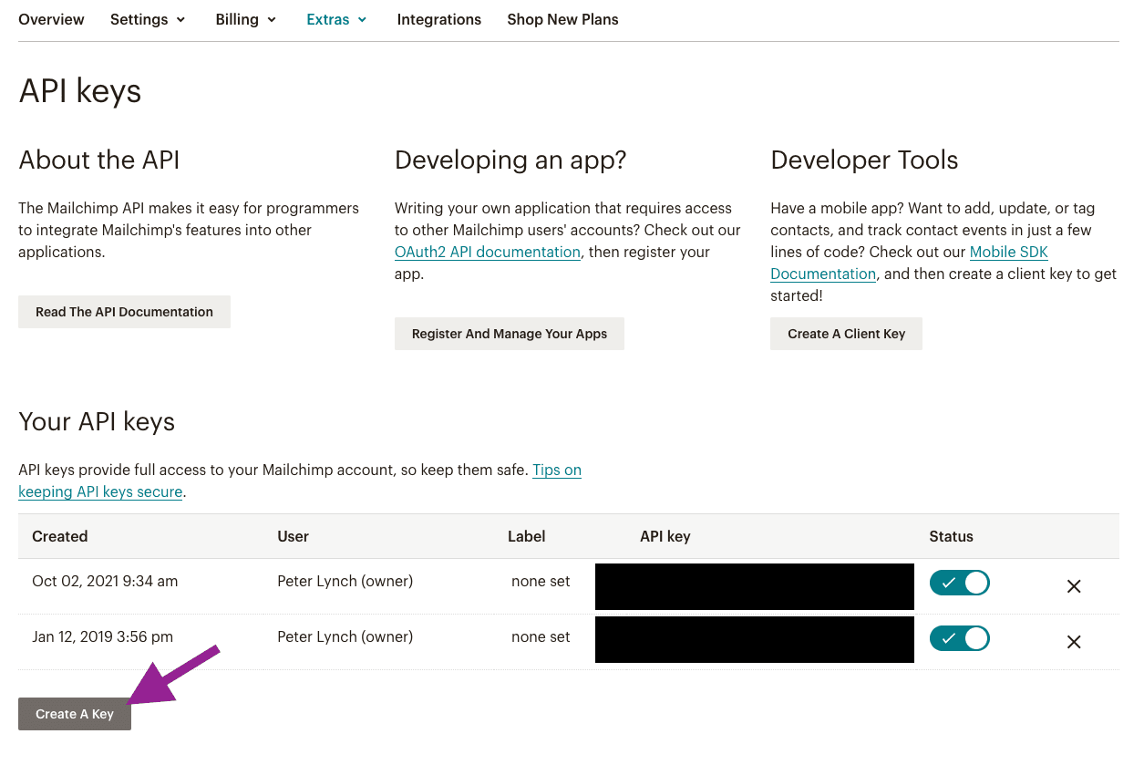 mailchimp create api screen with arrow pointing to the create api key button