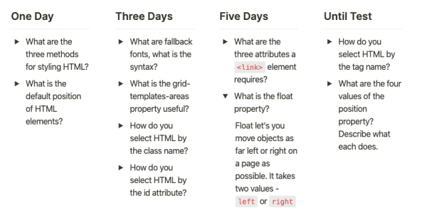 Notion layout of my spaced repition plan. I have a four box system with 1 day, 3 days, 5 days and until test.